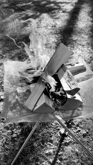 Njuter i skogen och en värmande brasa.